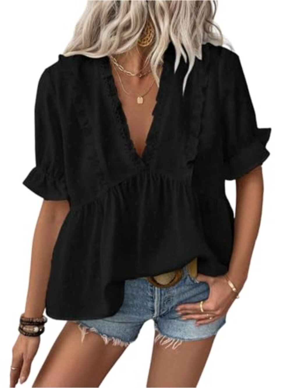 Laser Cut Deep V-Neck Puff Sleeve Blouse Swiss Dot Babydoll Top
